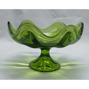 Vintage Viking Glass Green Epic Line Six Petal Compote Pedestal Bowl Mid Century